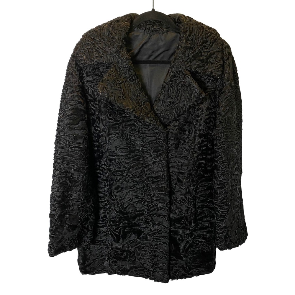 Vintage Persian Lamb Fur Coat Womens L Black Astrakhan Swirl Texture Glam Chic